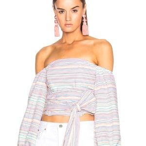 NICHOLAS
Rainbow Stripe Off Shoulder Wrap Top